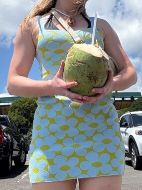 Sleeveless Mini Dress with Blue & Lime Floral Knit